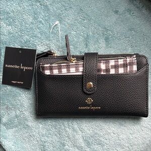 Nanette Lepore Black Wallet Pebbled Leather Gingham Accent